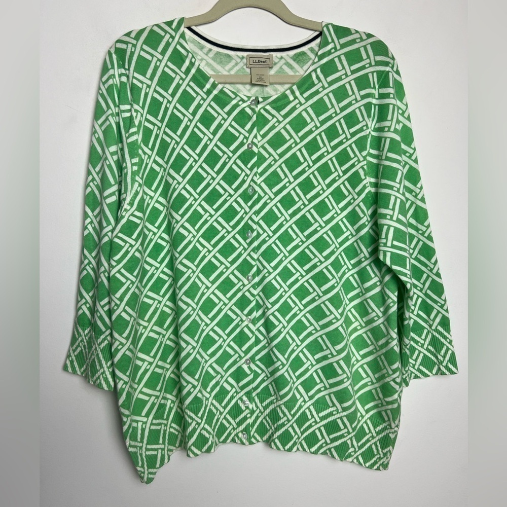 L.L. Bean Green White Lattice Print 100% Cotton Button Front‎ NWOT Sweater Sz 1X